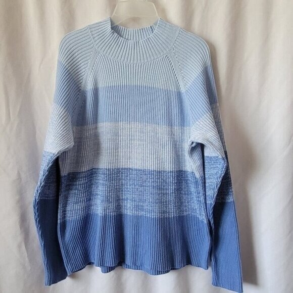 Studio Works Cable Knit Sweater Mock Turtleneck XL Blue Stripes long sleeves EUC - Picture 6 of 9